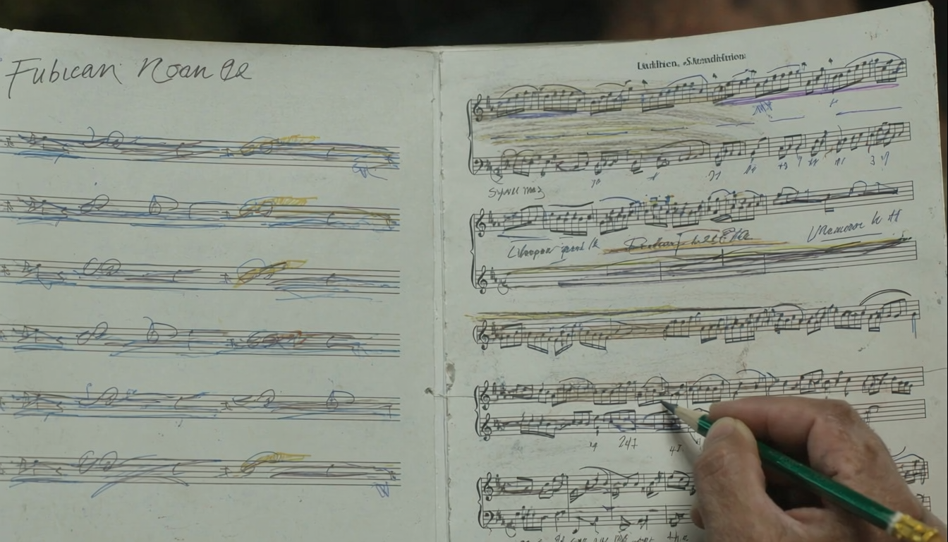 Close-up of an open audition binder with pencil marks, highlighted bars, and handwritten notes on sheet music
