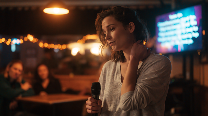 Singer hesitating before the first phrase at an open mic, looking down.