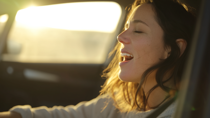 A woman singing freely while driving at golden hour.